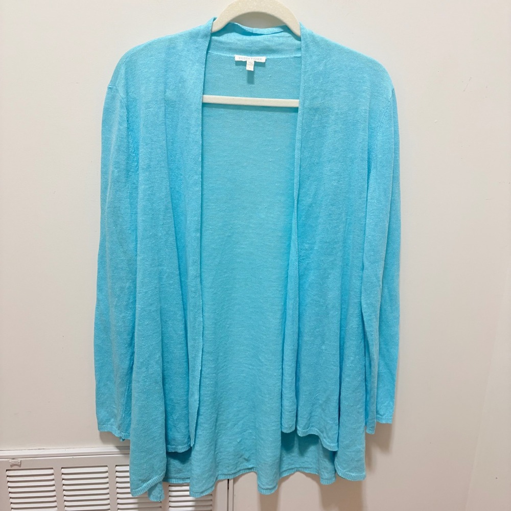 Eileen Fisher Linen Open Front Cardigan Women Blue size L Lightweight Knit